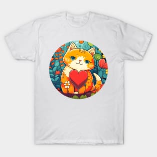 Cat Heart With Bright Eyed Orange Kitty In The Garden - Funny Cats T-Shirt